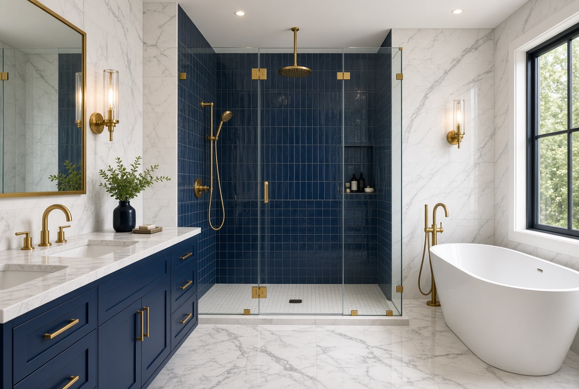Luxury bathroom with navy tile and gold fixtures