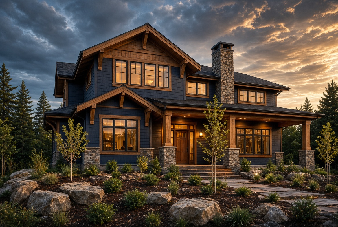 Custom craftsman home at dusk